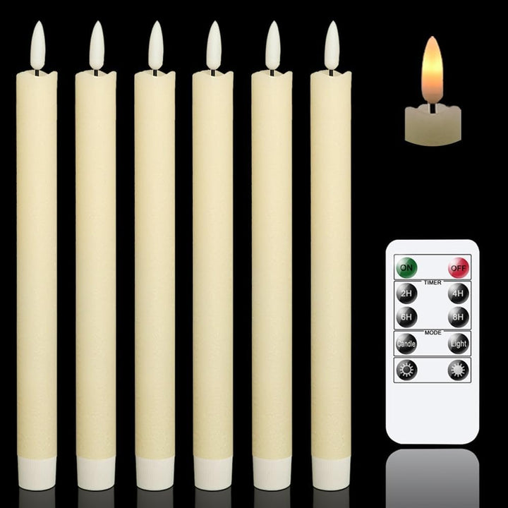 Flameless Ivory Taper Candles Flickering with 10-Key Remote Pack of 6